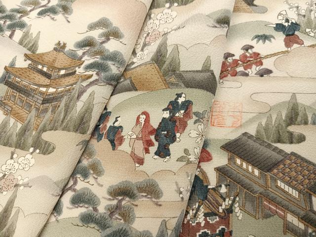 平和屋着物●訪問着　作家物　松竹梅　人物風景文　正絹　逸品　AABJ2949ph
