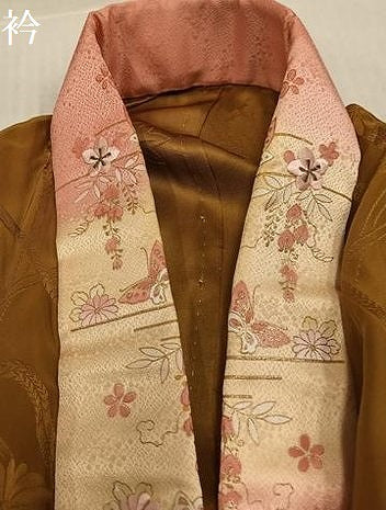 平和屋着物●振袖用長襦袢　無双仕立て　薬玉　桑茶色　半衿刺繍　正絹　逸品　AABJ2950ph