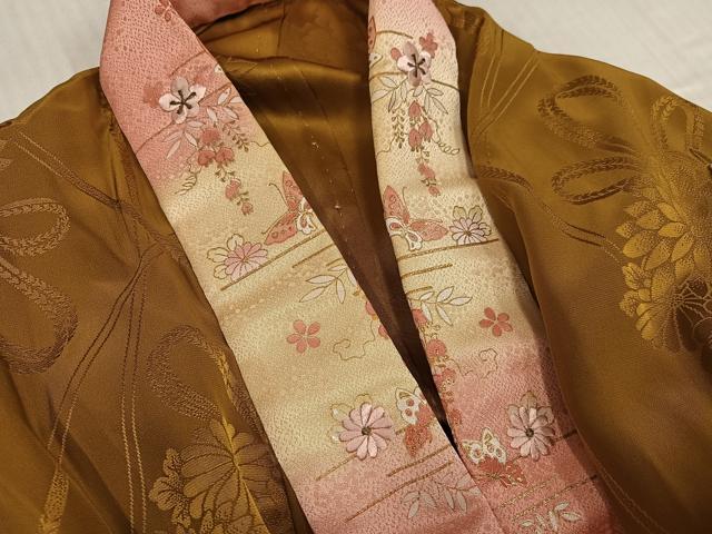 平和屋着物●振袖用長襦袢　無双仕立て　薬玉　桑茶色　半衿刺繍　正絹　逸品　AABJ2950ph