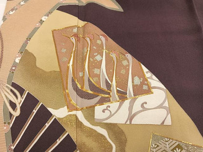 平和屋着物●豪華色留袖　駒刺繍　色紙群鶴扇面草花文　暈し染め　金彩　正絹　逸品　AABJ2963ph