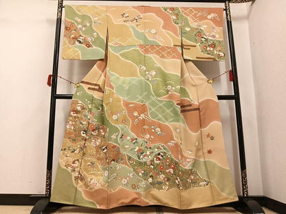 平和屋着物●訪問着　刺繍　草花文　暈し染め　金彩　正絹　逸品　AABJ2985ph