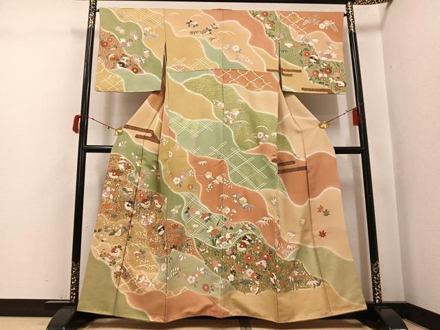 平和屋着物●訪問着　刺繍　草花文　暈し染め　金彩　正絹　逸品　AABJ2985ph