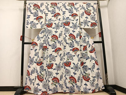 平和屋着物●上質な小紋　型染め　更紗文　鬼しぼ縮緬　正絹　逸品　AABJ2989ph