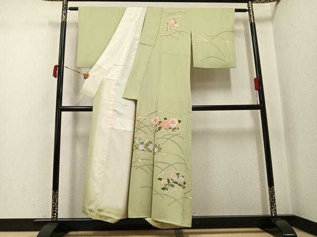 平和屋着物●京友禅作家　米沢新之助　訪問着　駒刺繍　草花文　金彩　正絹　逸品　AABJ3006ph