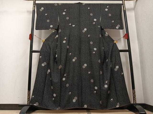 平和屋着物●上質な小紋　雪輪吉祥花文　黒地　正絹　逸品　AABJ3010ph