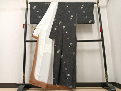 平和屋着物●上質な小紋　雪輪吉祥花文　黒地　正絹　逸品　AABJ3010ph