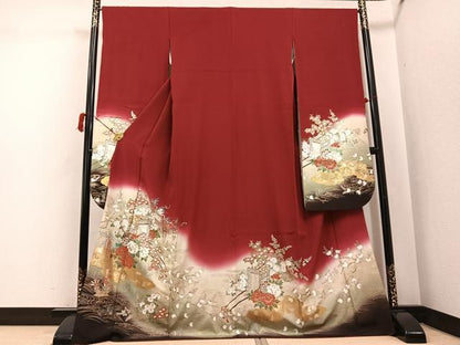 平和屋着物●豪華振袖　御所車花文　暈し染め　金銀彩　ロング丈　正絹　逸品　AABJ3016ph