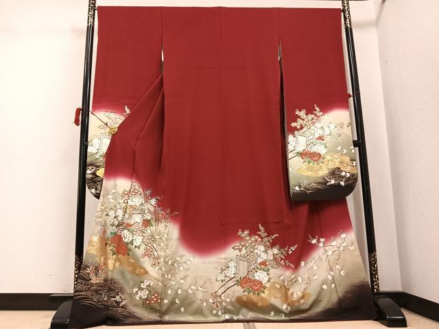 平和屋着物●豪華振袖　御所車花文　暈し染め　金銀彩　ロング丈　正絹　逸品　AABJ3016ph