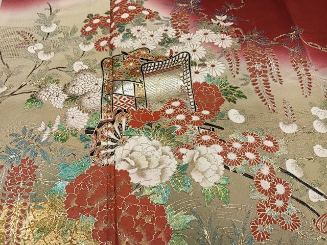 平和屋着物●豪華振袖　御所車花文　暈し染め　金銀彩　ロング丈　正絹　逸品　AABJ3016ph