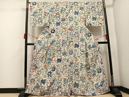 平和屋着物●上質な小紋　型染め　花鳥文字文　鬼しぼ縮緬　正絹　逸品　AABJ3017ph