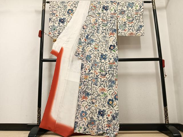 平和屋着物●上質な小紋　型染め　花鳥文字文　鬼しぼ縮緬　正絹　逸品　AABJ3017ph