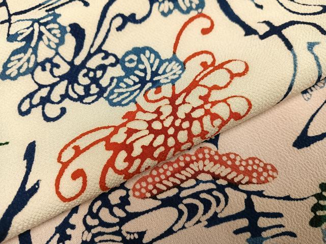 平和屋着物●上質な小紋　型染め　花鳥文字文　鬼しぼ縮緬　正絹　逸品　AABJ3017ph