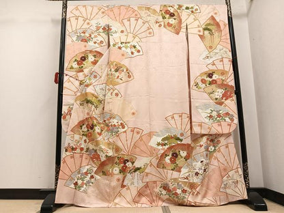 平和屋着物●豪華振袖　駒刺繍　檜扇草花文　金彩　正絹　逸品　AABJ3019ph
