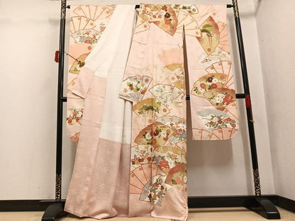 平和屋着物●豪華振袖　駒刺繍　檜扇草花文　金彩　正絹　逸品　AABJ3019ph