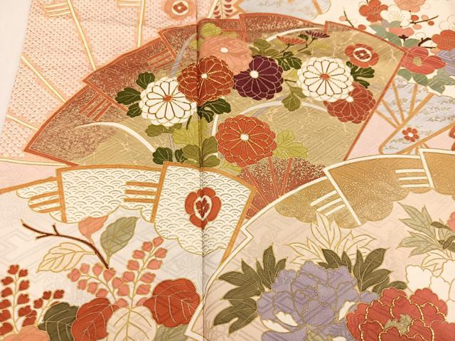 平和屋着物●豪華振袖　駒刺繍　檜扇草花文　金彩　正絹　逸品　AABJ3019ph