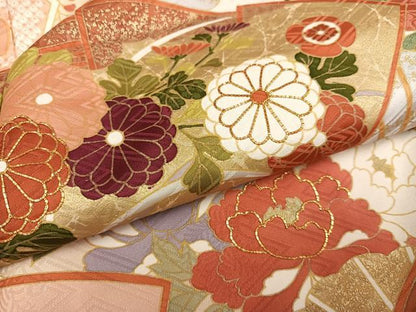 平和屋着物●豪華振袖　駒刺繍　檜扇草花文　金彩　正絹　逸品　AABJ3019ph