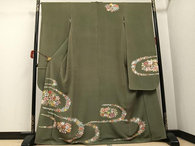 平和屋着物●豪華振袖　草花文　金彩　鬼しぼ縮緬　正絹　逸品　AABJ3021ph