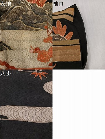 平和屋本店●アンティーク　大正ロマン　振袖　駒刺繍　松竹梅風景文　黒地　金銀彩　ロング丈　正絹　逸品　AABJ3028ph