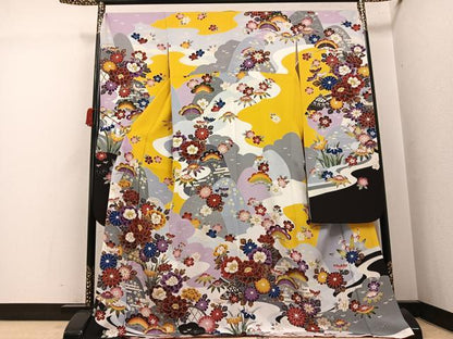 平和屋着物●豪華振袖　紅型　草花文　ロング丈　正絹　逸品　AABJ3029ph