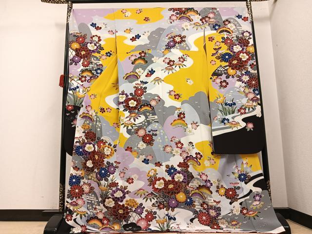 平和屋着物●豪華振袖　紅型　草花文　ロング丈　正絹　逸品　AABJ3029ph