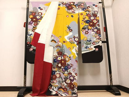 平和屋着物●豪華振袖　紅型　草花文　ロング丈　正絹　逸品　AABJ3029ph