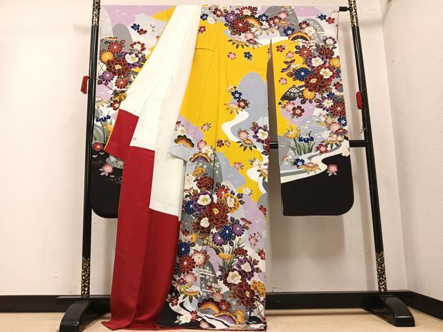 平和屋着物●豪華振袖　紅型　草花文　ロング丈　正絹　逸品　AABJ3029ph