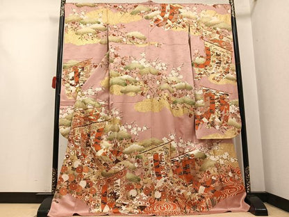 平和屋着物●豪華振袖　駒刺繍　几帳草花文　金彩　正絹　逸品　AABJ3036ph