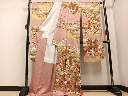 平和屋着物●豪華振袖　駒刺繍　几帳草花文　金彩　正絹　逸品　AABJ3036ph