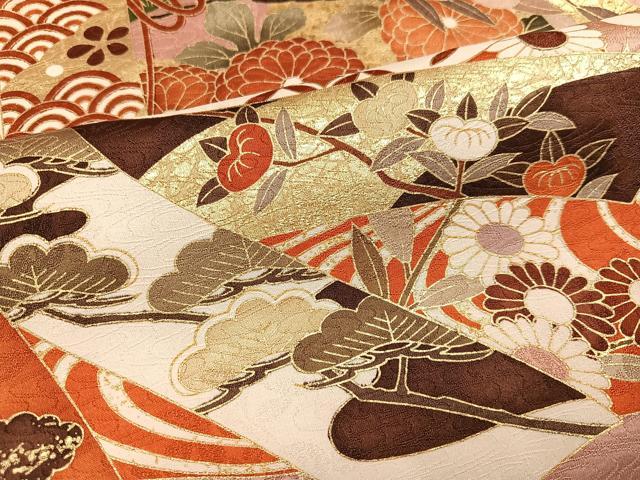 平和屋着物●豪華振袖　駒刺繍　几帳草花文　金彩　正絹　逸品　AABJ3036ph