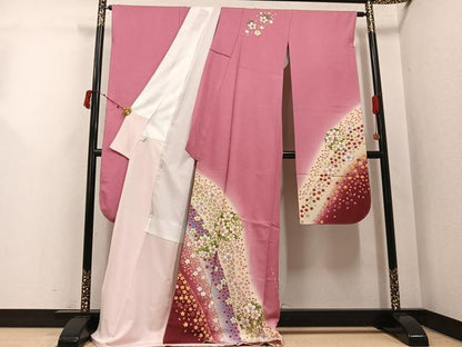 平和屋着物●豪華振袖　駒刺繍　舞桜文　暈し染め　金彩　金通し地　正絹　逸品　AABJ3038ph