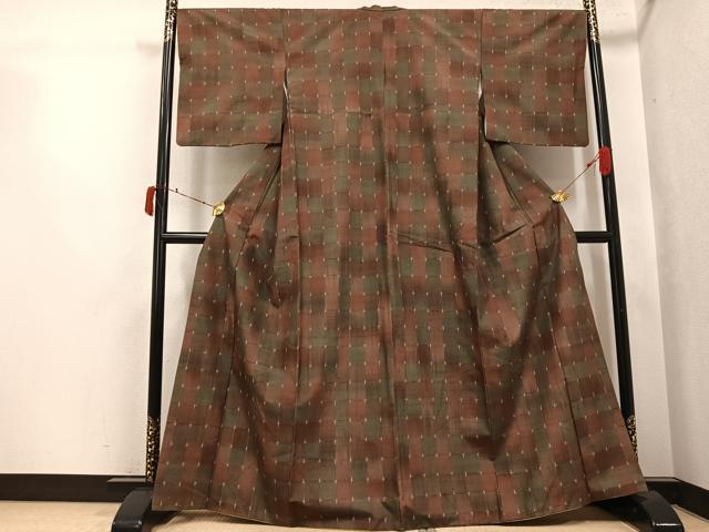 平和屋着物●上質な紬　格子　正絹　逸品　AABJ3044ph