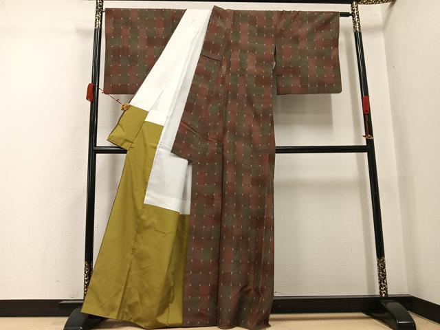 平和屋着物●上質な紬　格子　正絹　逸品　AABJ3044ph