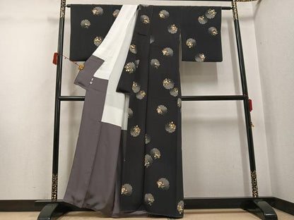 平和屋着物●上質な小紋　花草子　黒地　丹後ちりめん　反端付き　正絹　逸品　AABJ3051ph