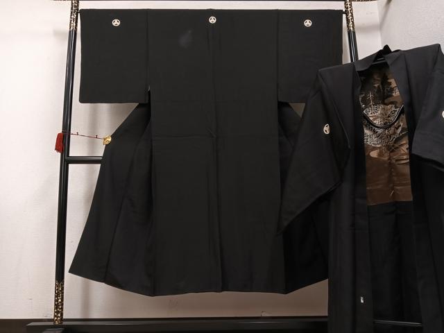 平和屋着物●男性　黒紋付・羽織セット　正絹　逸品　AABJ3052ph