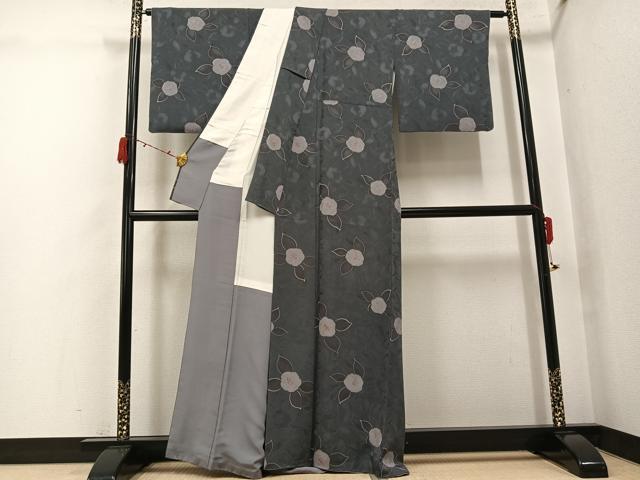平和屋着物●上質な小紋　地紋起こし　椿　正絹　逸品　AABJ3064ph