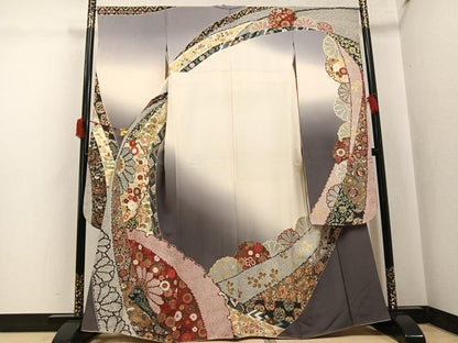 平和屋着物●豪華振袖　雪輪花文　暈し染め　金彩　正絹　逸品　AABJ3071ph