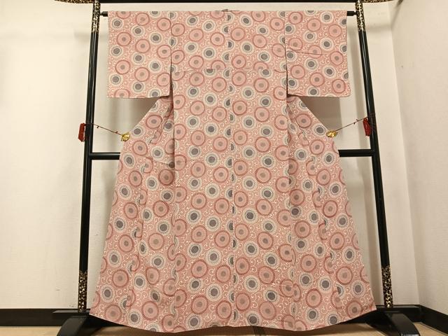 平和屋着物●上質な小紋　型染め　菊唐草文　鬼しぼ縮緬　正絹　逸品　AABJ3073ph