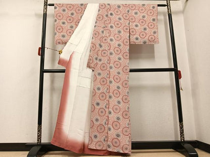 平和屋着物●上質な小紋　型染め　菊唐草文　鬼しぼ縮緬　正絹　逸品　AABJ3073ph