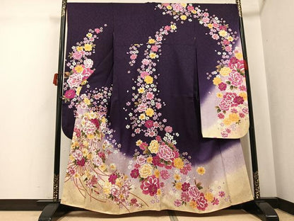 平和屋着物●豪華振袖　刺繍　舞花文　暈し染め　金糸　正絹　逸品　AABJ3080ph