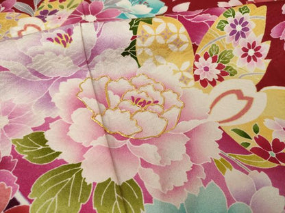 平和屋着物●豪華振袖　舞花文　ロング丈　正絹　逸品　AABJ3085ck