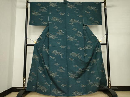 平和屋着物●上質な小紋　紬地　型染め　立波花文　正絹　逸品　AABJ3087ck