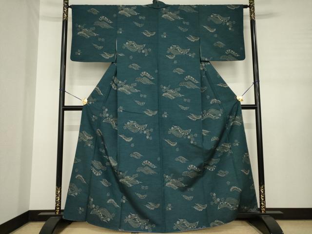 平和屋着物●上質な小紋　紬地　型染め　立波花文　正絹　逸品　AABJ3087ck