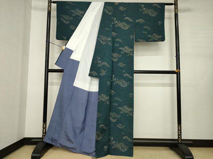 平和屋着物●上質な小紋　紬地　型染め　立波花文　正絹　逸品　AABJ3087ck