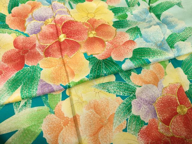 平和屋着物●豪華振袖　駒刺繍　草花文　暈し染め　金彩　正絹　逸品　AABJ3098ck