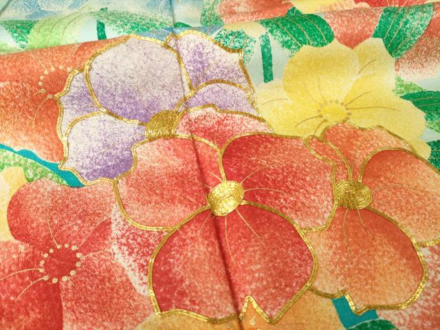平和屋着物●豪華振袖　駒刺繍　草花文　暈し染め　金彩　正絹　逸品　AABJ3098ck