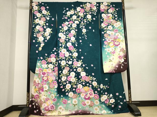 平和屋着物●豪華振袖　刺繍　舞花文　暈し染め　金彩　ロング丈　正絹　逸品　AABJ3112ck