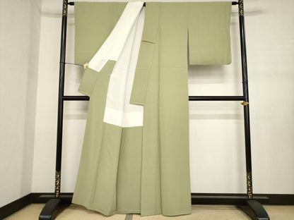 平和屋着物●上質な色無地　黄海松茶色　正絹　逸品　AABJ3114ck