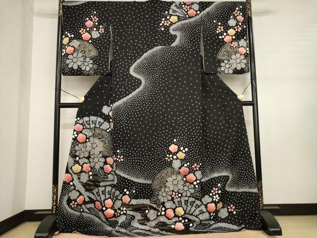 平和屋着物●訪問着　絞り　流水扇面花文　黒地　金彩　やまと誂製　ロング丈　正絹　逸品　AABJ3118ck