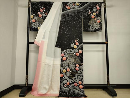 平和屋着物●訪問着　絞り　流水扇面花文　黒地　金彩　やまと誂製　ロング丈　正絹　逸品　AABJ3118ck