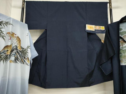 平和屋着物●男性　本場大島紬　薩摩結城　アンサンブル　長襦袢(袷)セット　色無地　藍鉄色　証紙付き　正絹　逸品　AABJ3124ck
